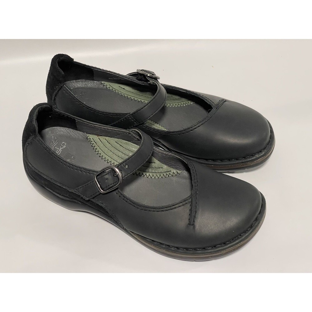 DANSKO Black Green Hue Leather Mary Jane Comfort Flats Buckle Strap Sz 36